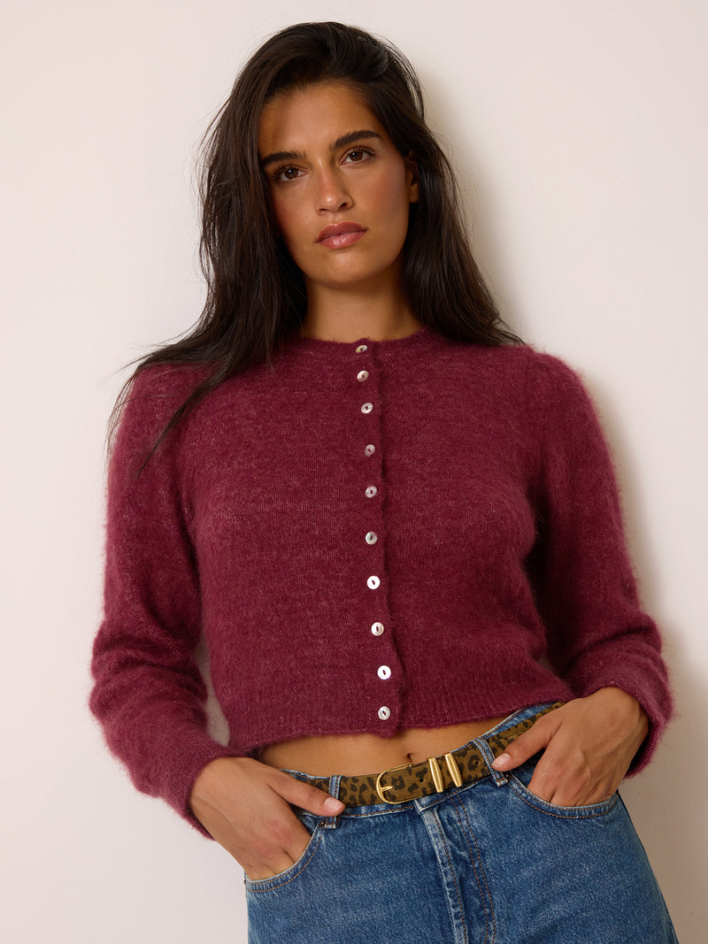 ABELINA bordeaux long-sleeve cardigan, front view by Rouje