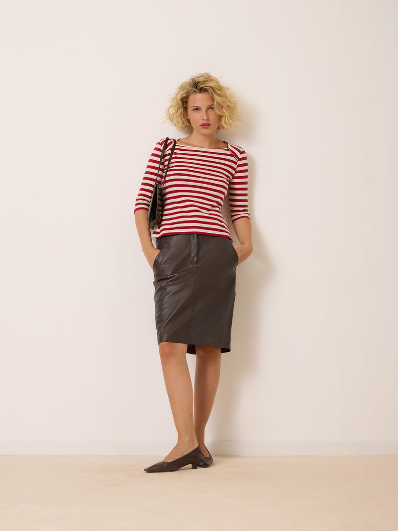 RENEE cachou leather midi skirt worn on a model by Rouje
