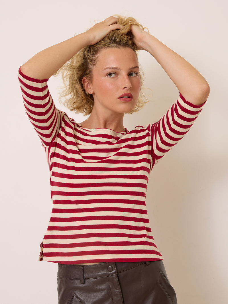 ABEL red striped T-shirt worn on a model by Rouje
