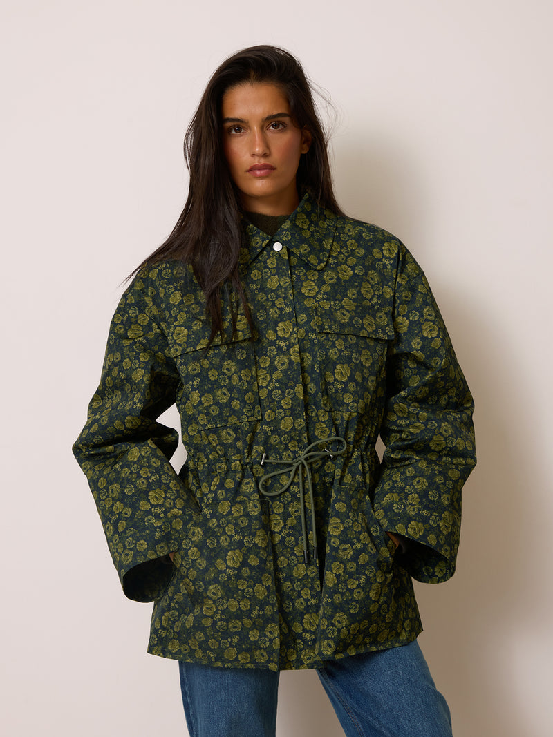 ALFRED khaki rosebud print parka worn on a model by Rouje