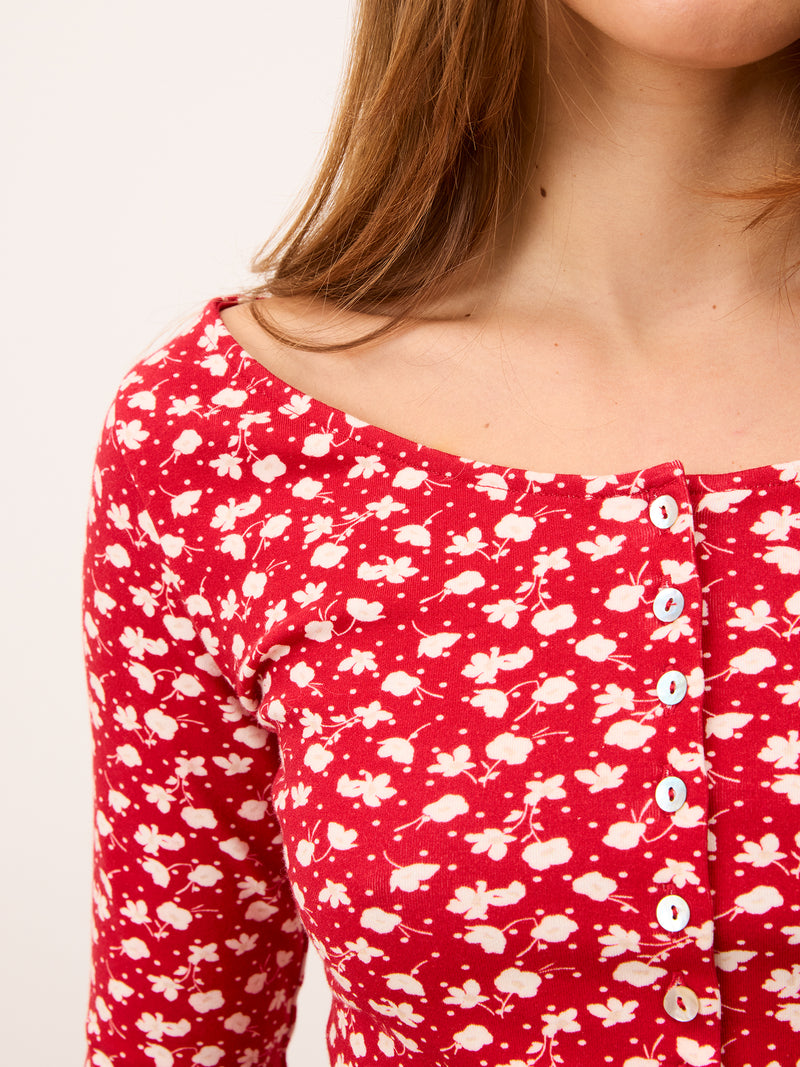 BEATA red sweet-pea print slim-fit cotton top, detail of print by Rouje