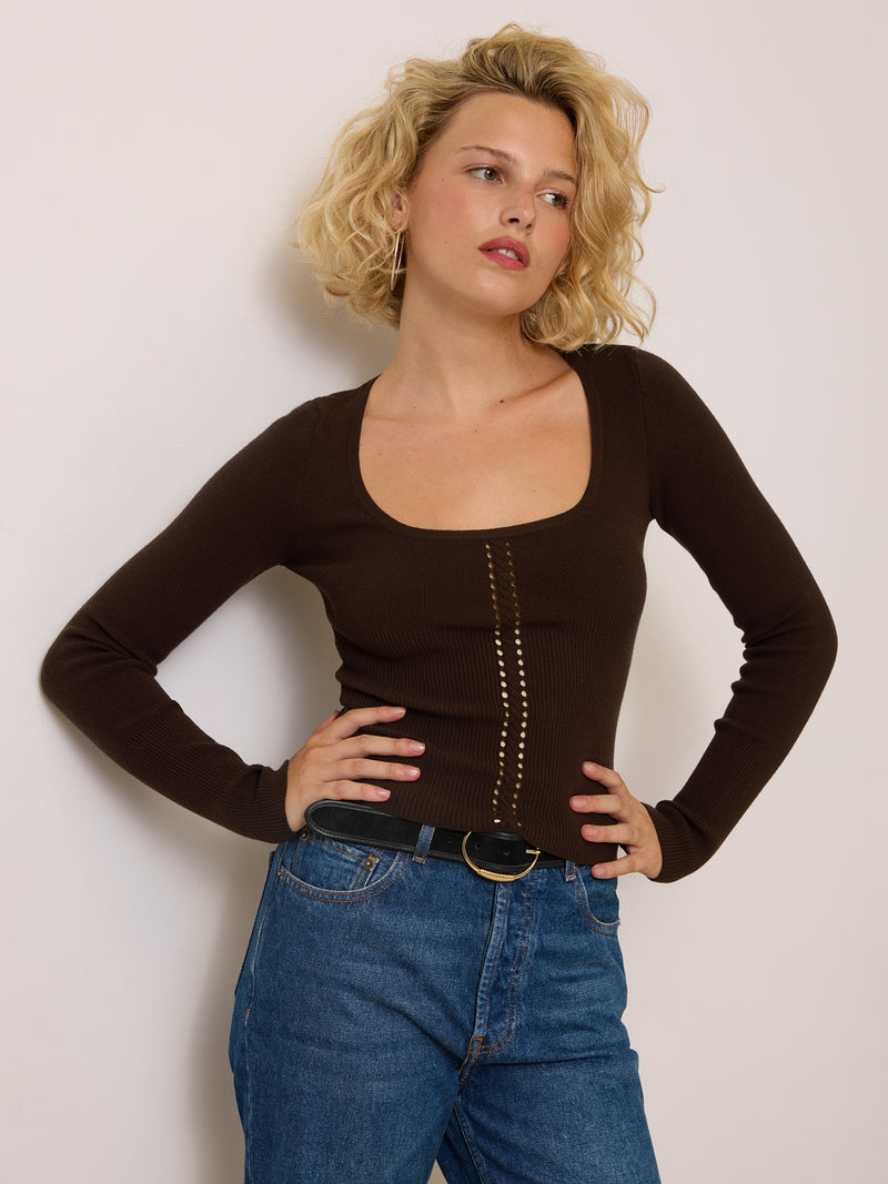 BRIAC chocolate V-neck sweater, front view by Rouje
