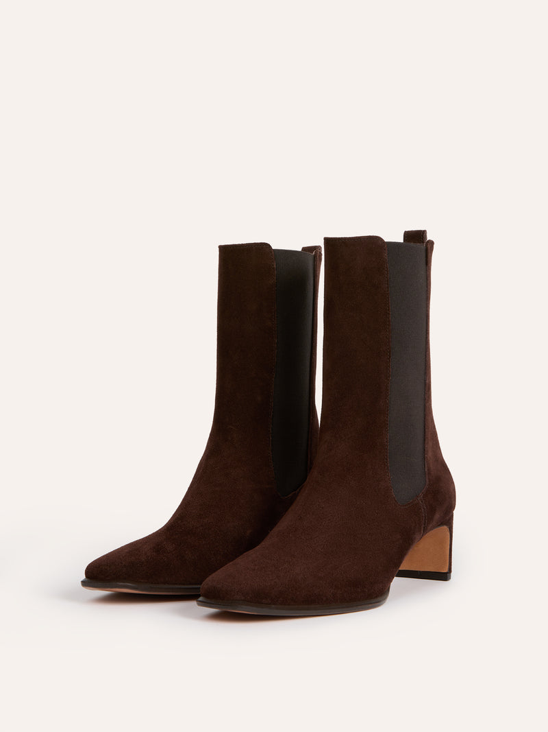CHELSEA ebony suede ankle boots, back view showing R logo by Rouje