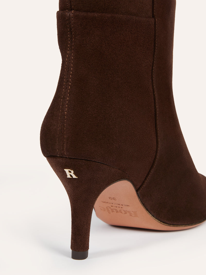CHRISTY ebony suede ankle boots worn on a model by Rouje
