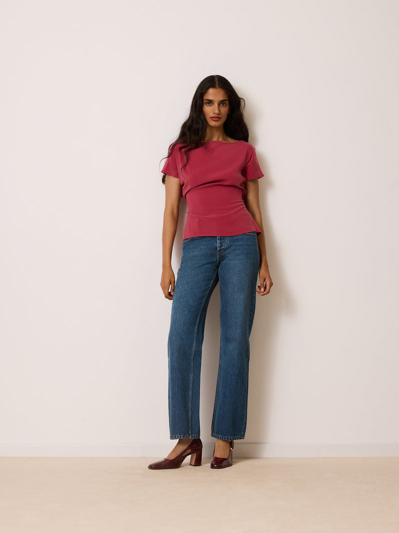 DEAN raspberry flowy top, back view with lace-up detail by Rouje
