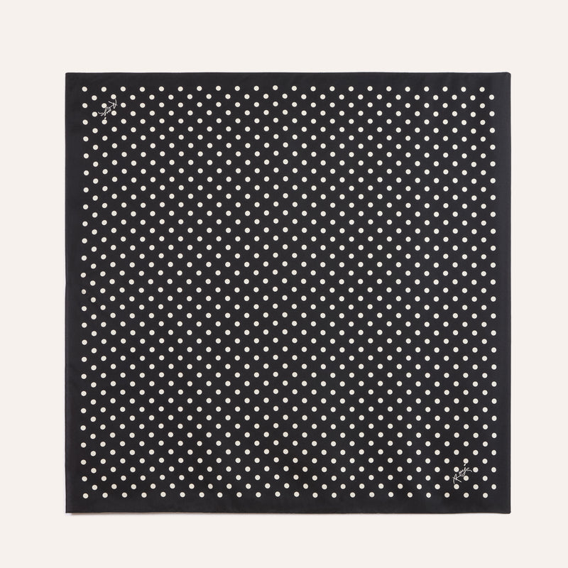 EDDY black Carmen polka-dot silk scarf worn on a model by Rouje