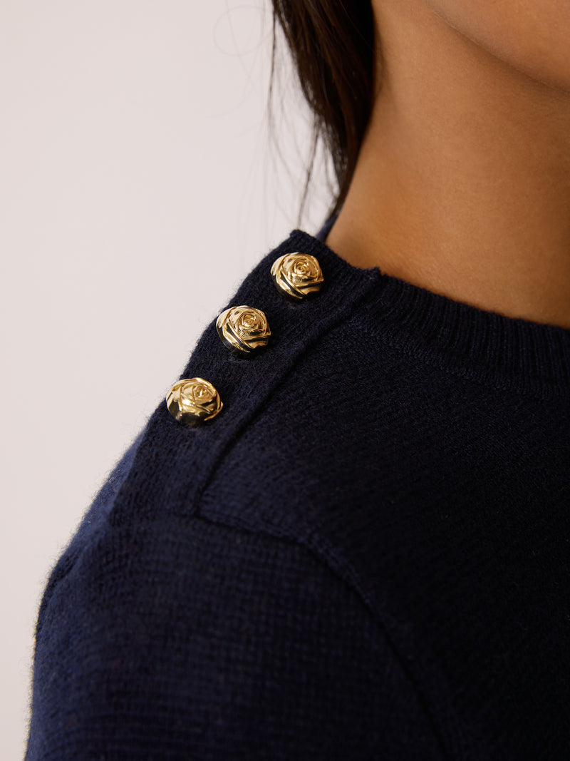 ERELL navy sailor-style round neck sweater, back view by Rouje