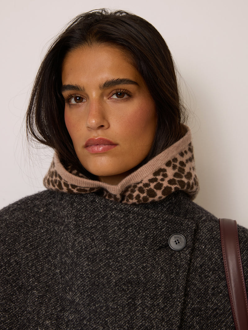 AMINA leopard jacquard hood worn on a model by Rouje