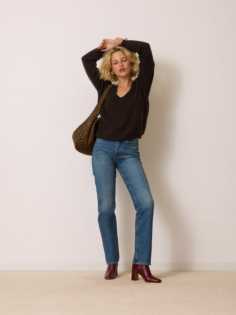 EUNICE cafe V-neck sweater worn on a model by Rouje