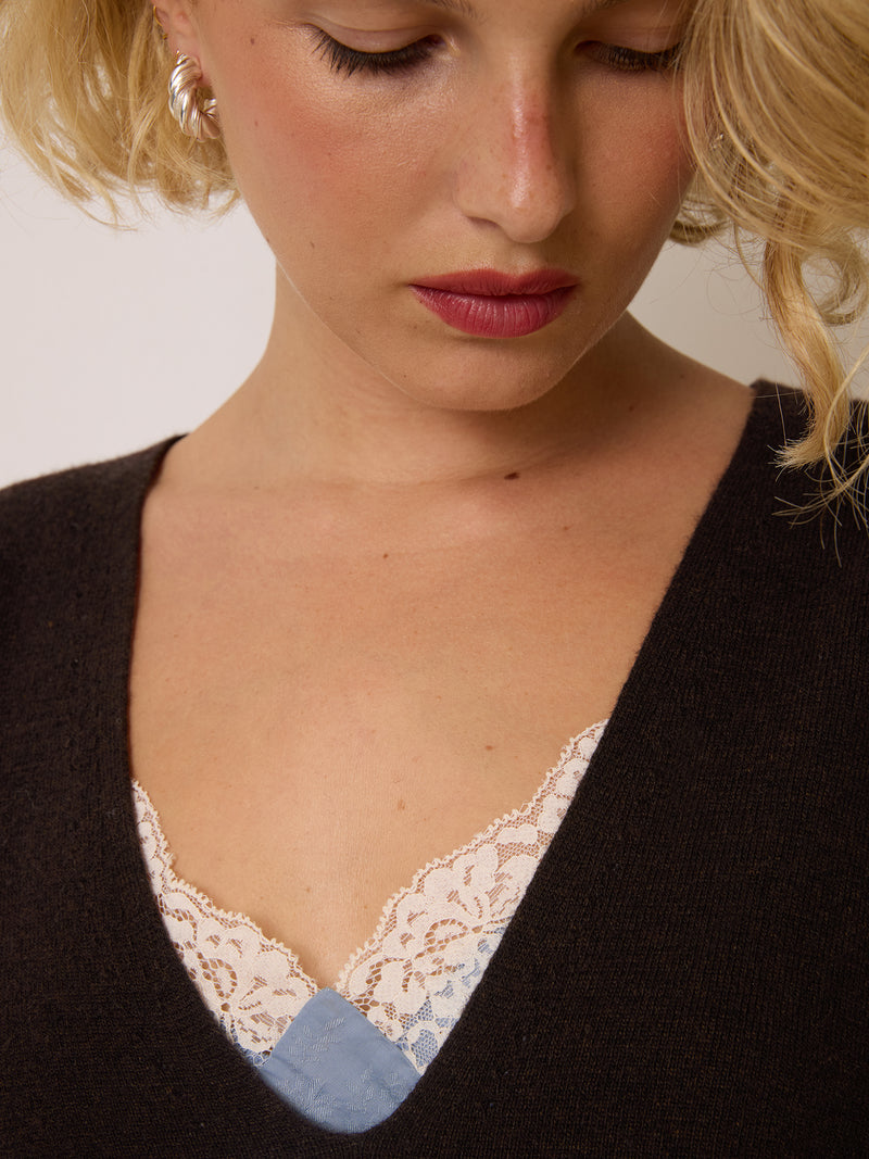 EUNICE cafe sweater, detail of V-neck by Rouje