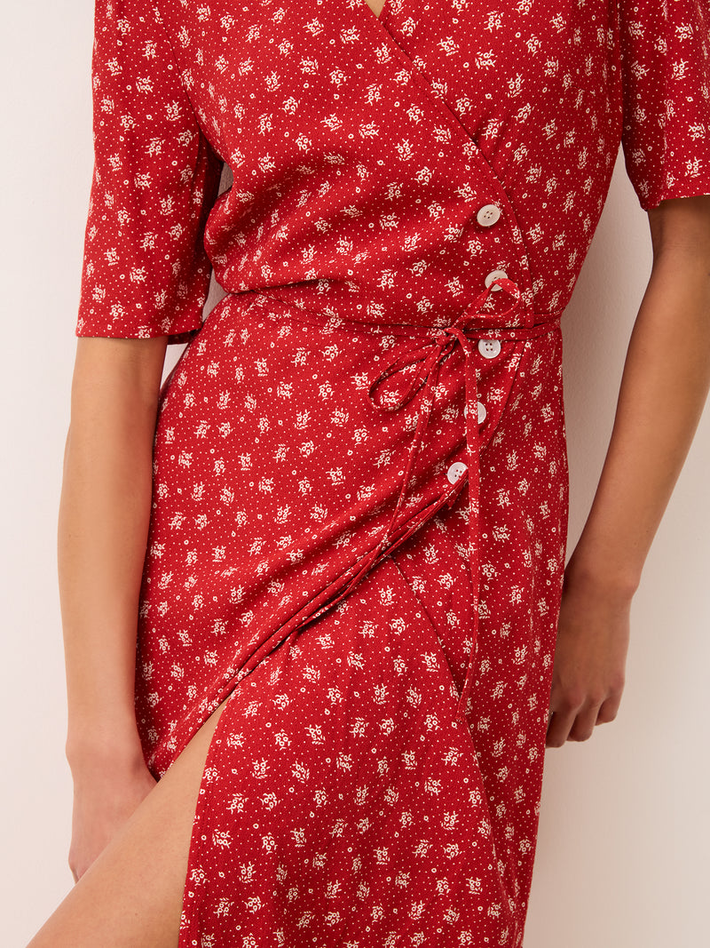 GABIN Arlesienne red wrap midi dress, back view by Rouje