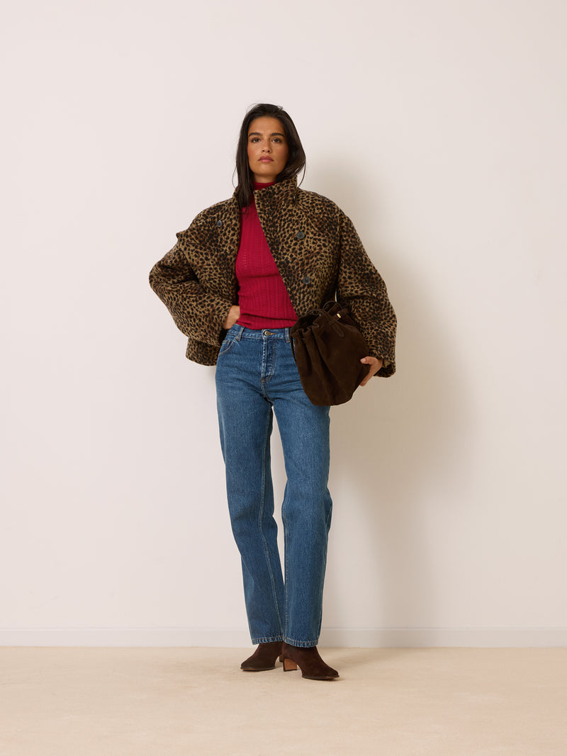 GEDEON brown leopard coat worn on a model by Rouje