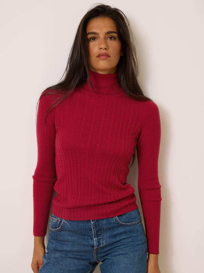 WILLY red turtleneck sweater worn on a model by Rouje