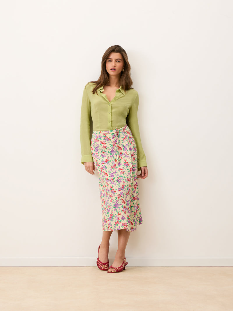 GLORIA ecru floral wrap midi skirt worn on a model by Rouje