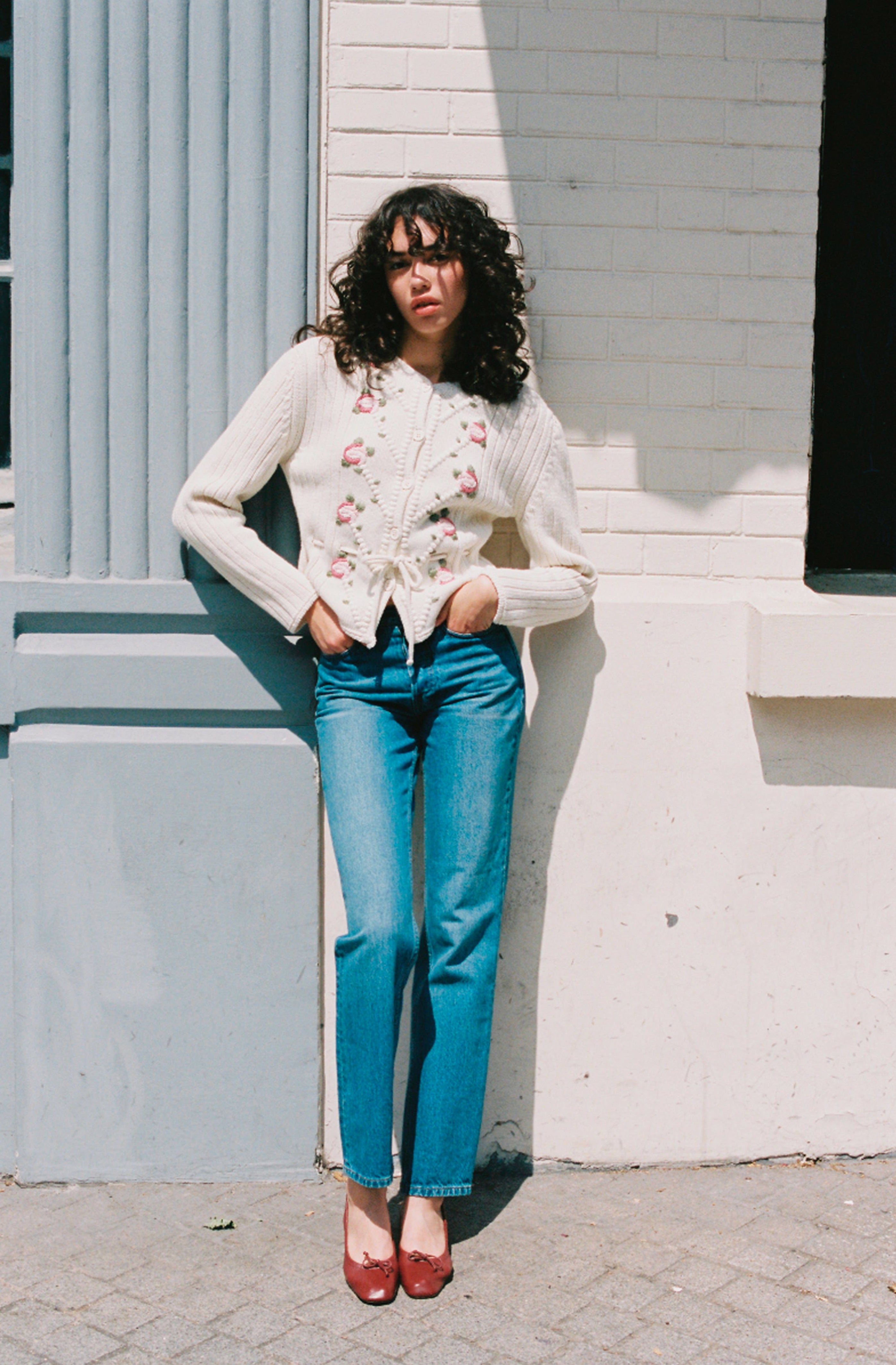MISHA ecru Austrian-style embroidered rose cardigan, flat packshot by Rouje