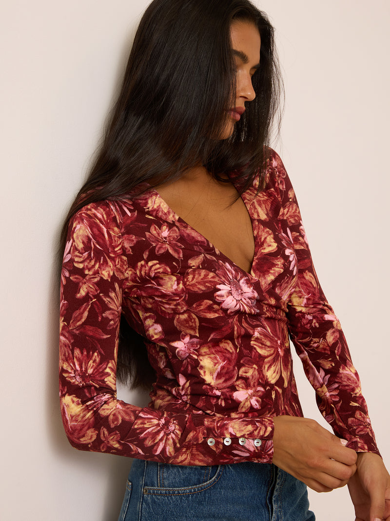 JASMINA bordeaux floral print long-sleeve top worn on a model by Rouje