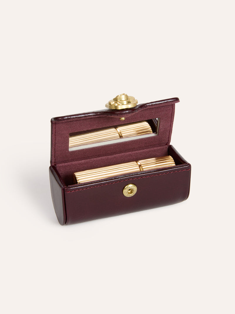 LIPS bordeaux aged leather lipstick case, open view by Rouje