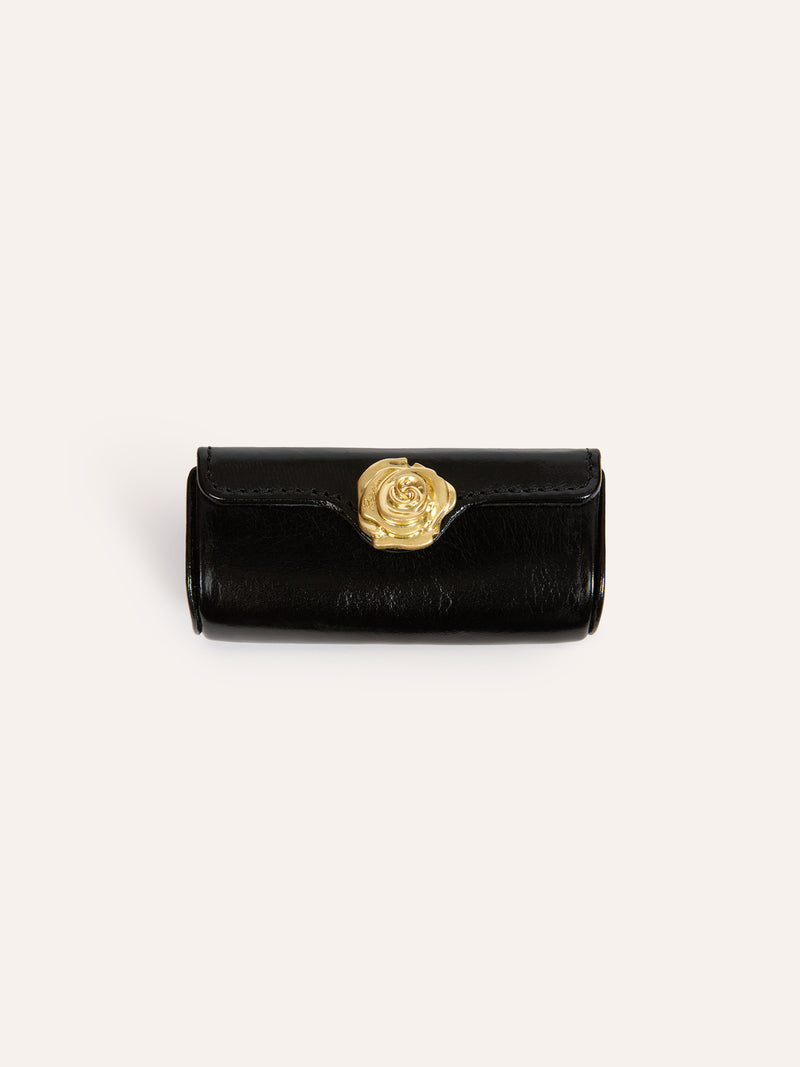 LIPS black aged leather lipstick case, open view by Rouje