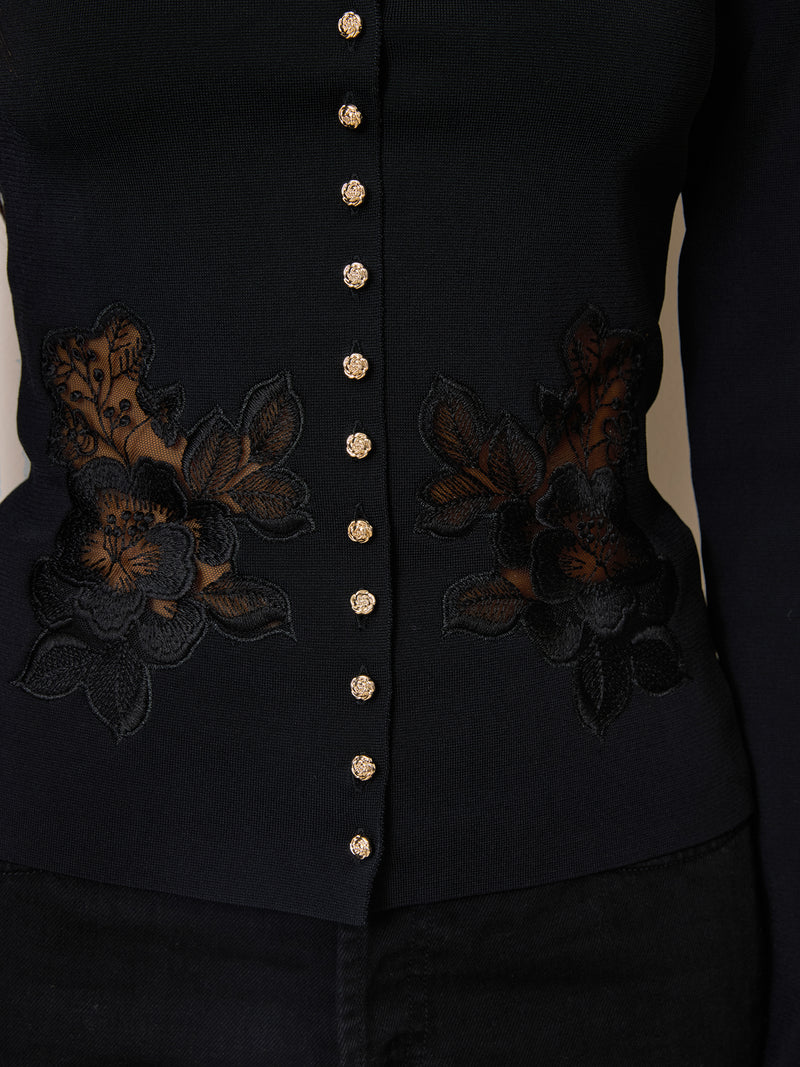 LUCIENNE black embroidered cardigan, back view by Rouje