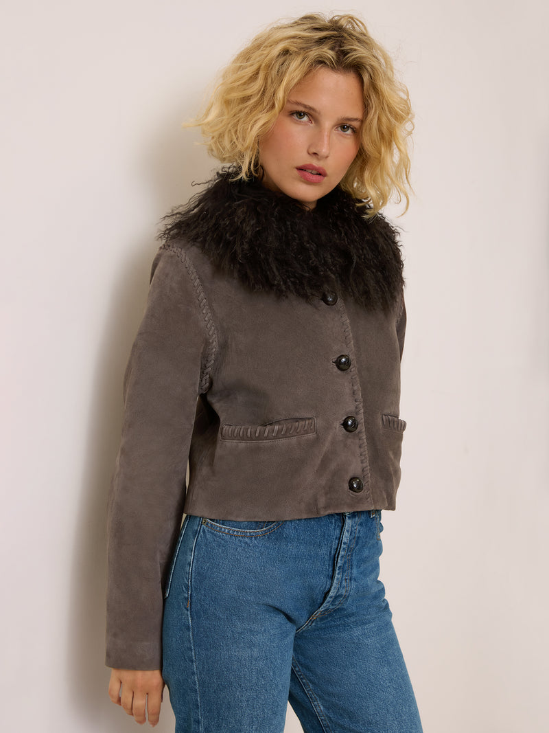 LYS taupe suede jacket, back view by Rouje