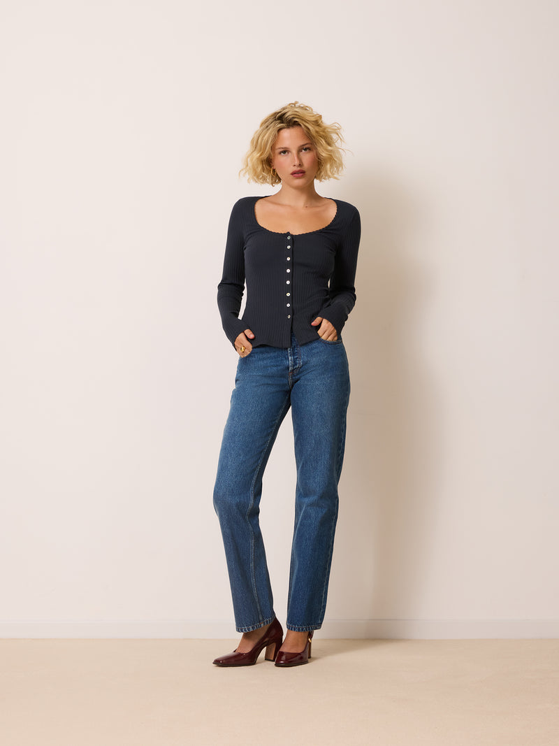MAUDE storm blue ribbed top, back view by Rouje