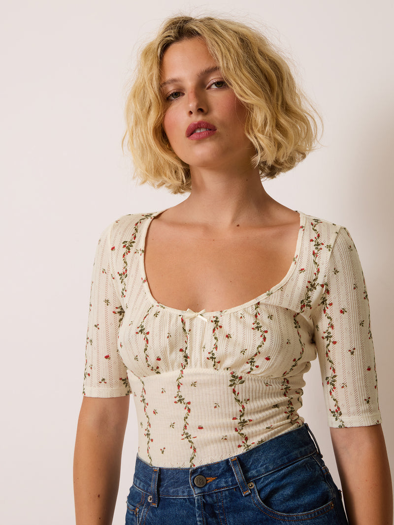 MELENA ecru floral pointelle bodysuit, back view by Rouje