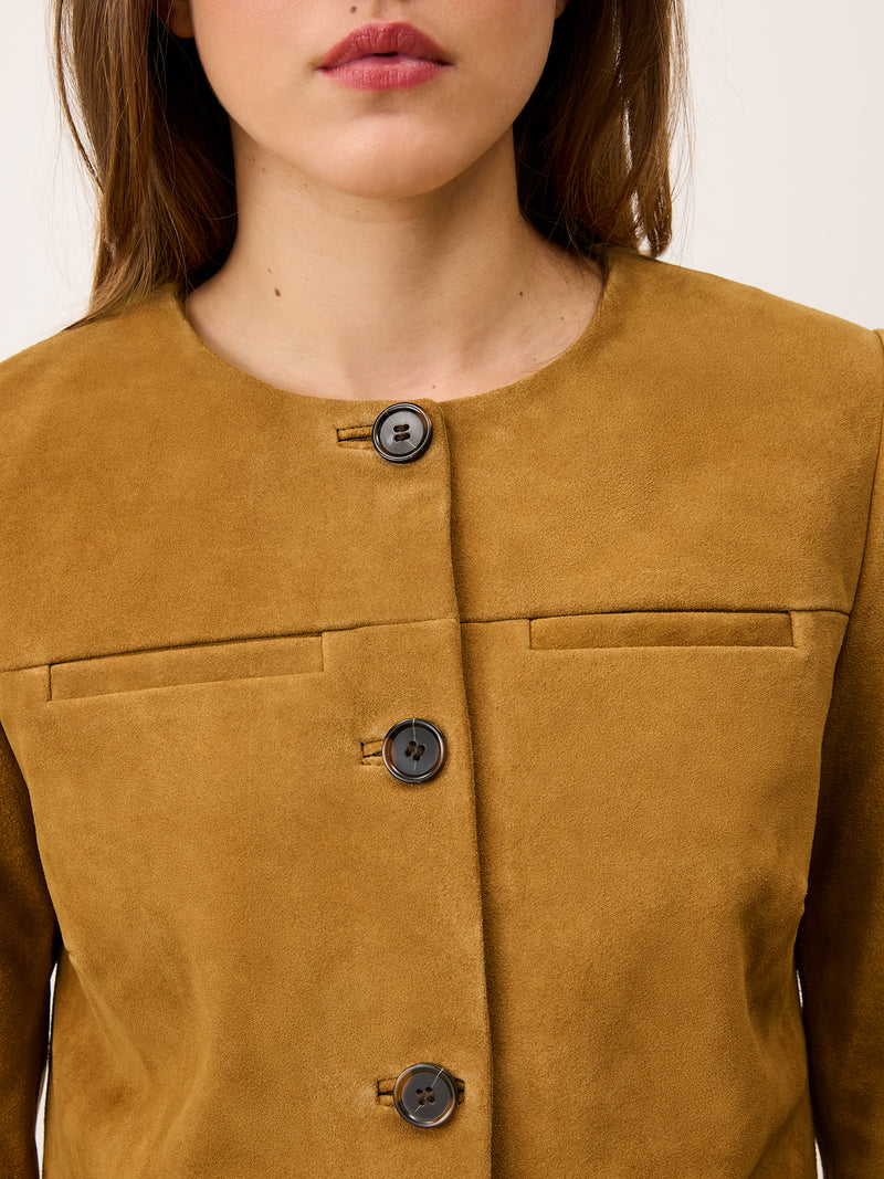 MILO olive suede jacket, detail of elbow cutouts by Rouje