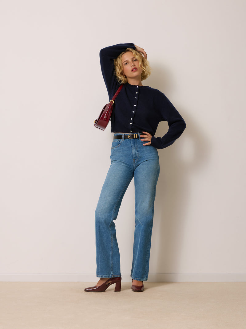 NATHALIE navy blue cardigan, detail of scalloped neck by Rouje