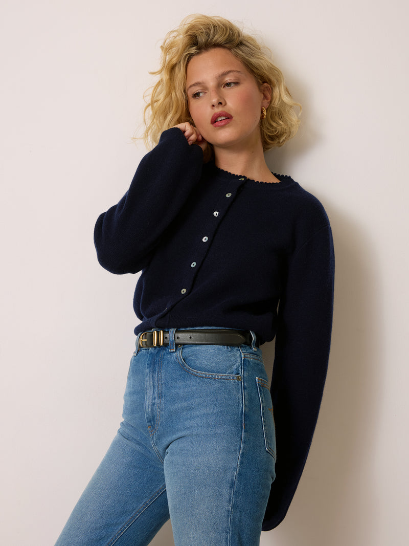 NATHALIE navy blue cardigan worn on a model by Rouje