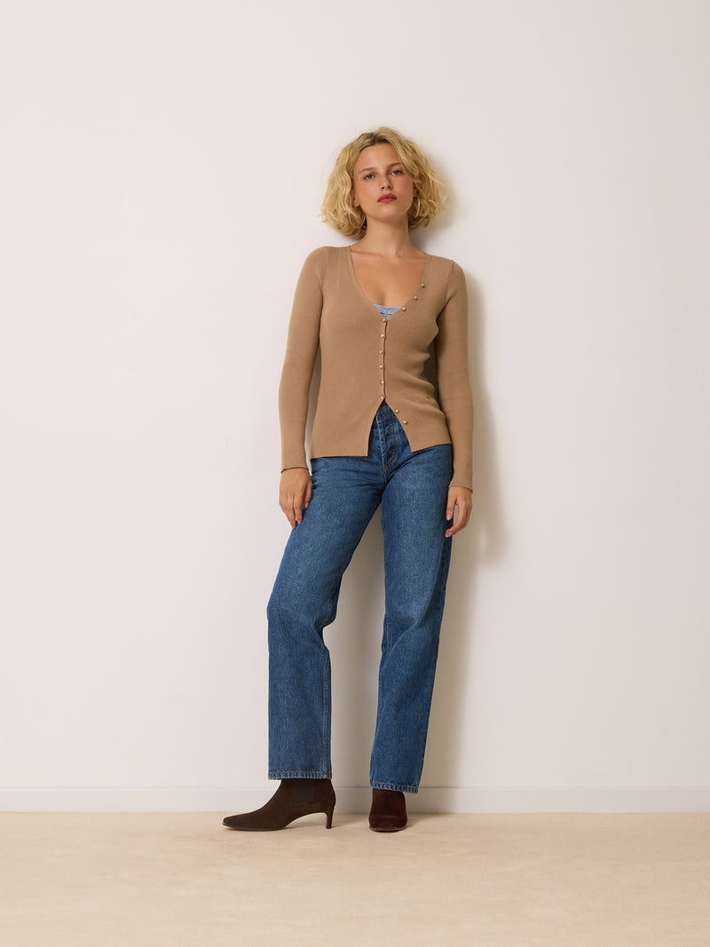 PENELOPE camel ribbed cardigan, back view by Rouje