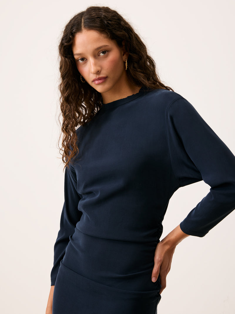 VALERIA navy blue ruffled short dress, back view by Rouje