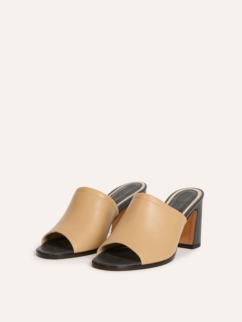 SARA beige leather heeled mules, side view by Rouje