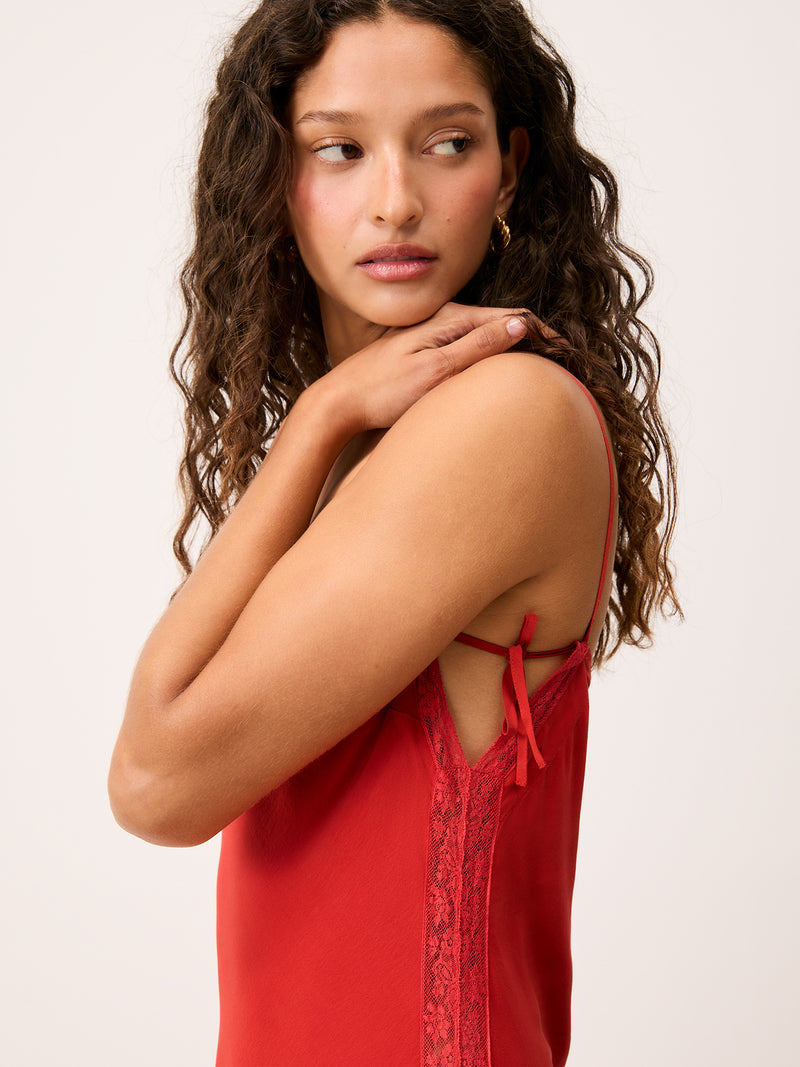 VICKY red lace and silk midi dress, front view by Rouje