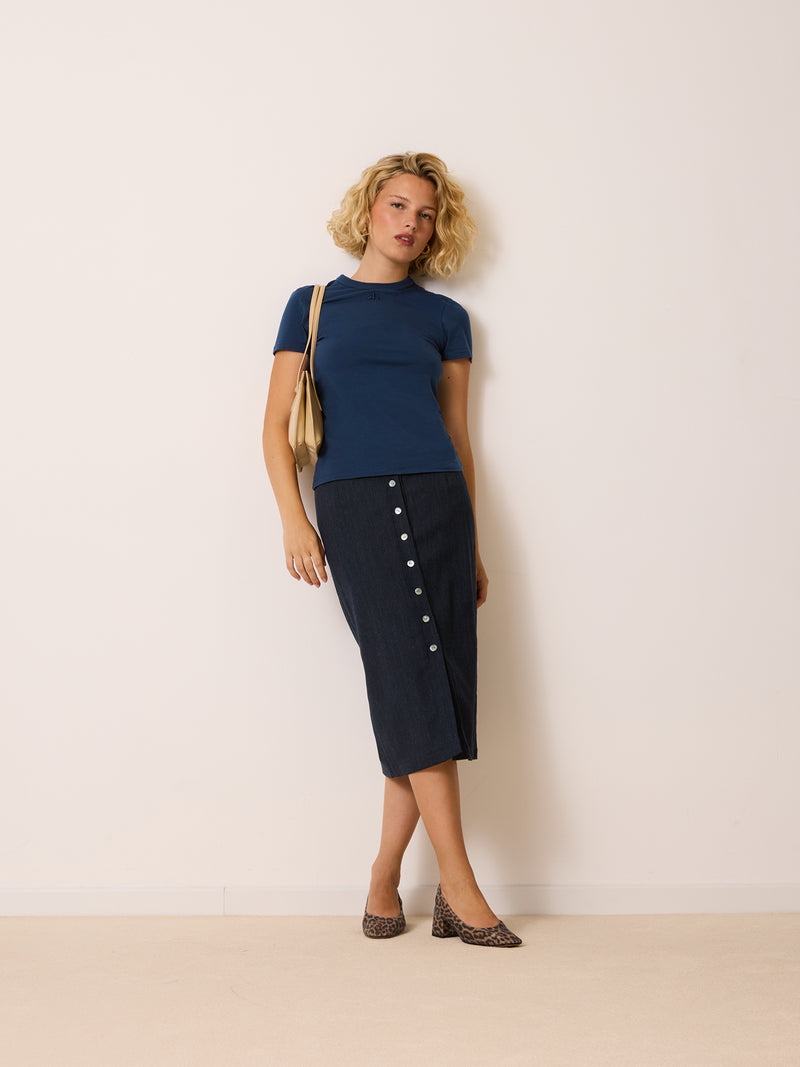 ZVEA denim blue buttoned midi skirt, back view by Rouje