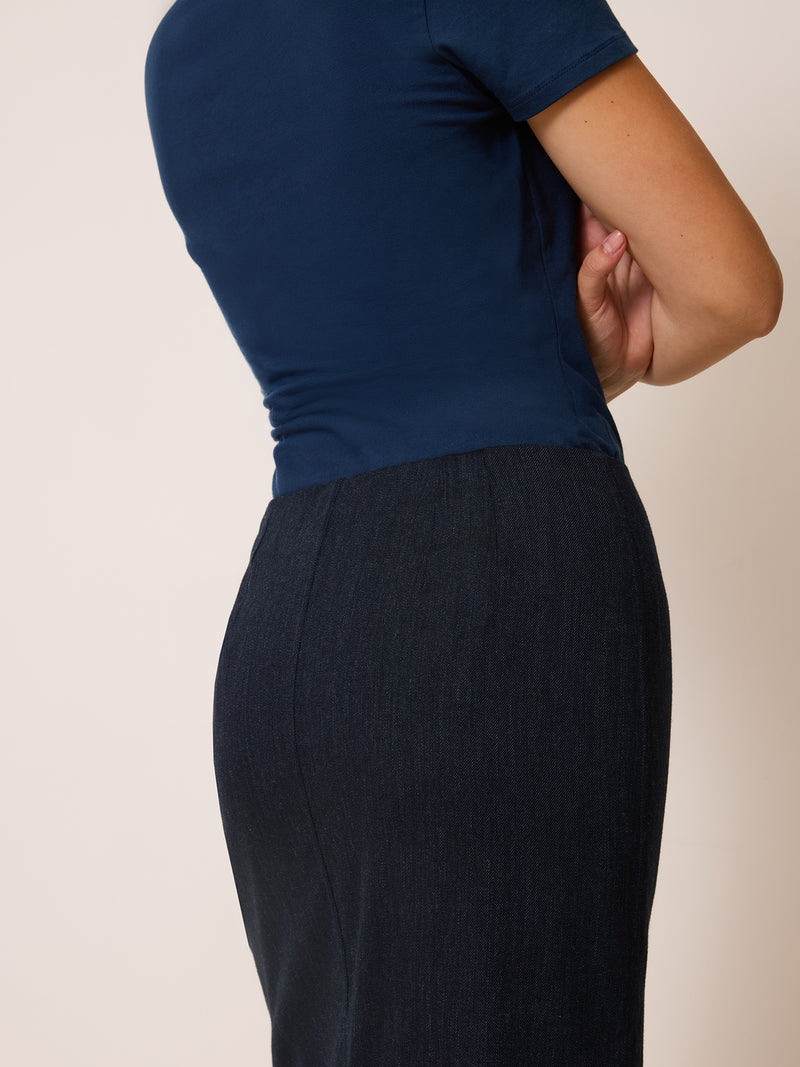 ZVEA denim blue buttoned midi skirt, lifestyle setting by Rouje